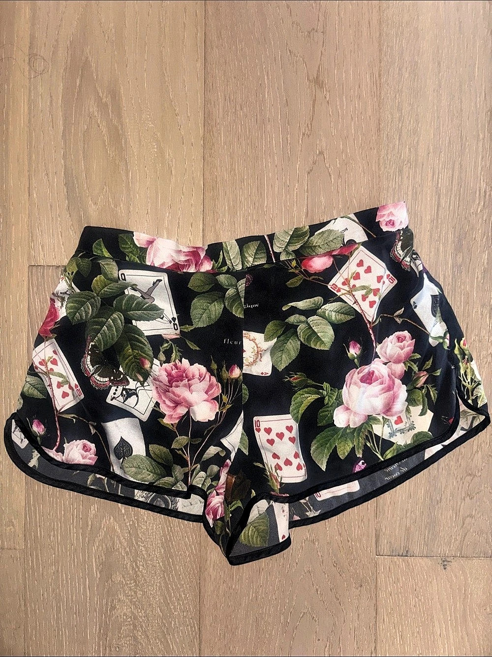 Fleur du Mal Silk Shorts with Pretty Flowers Print, Black & Pink